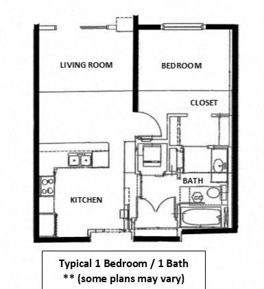 Floor plan for 1 bed, 1 bath, 566 sqft